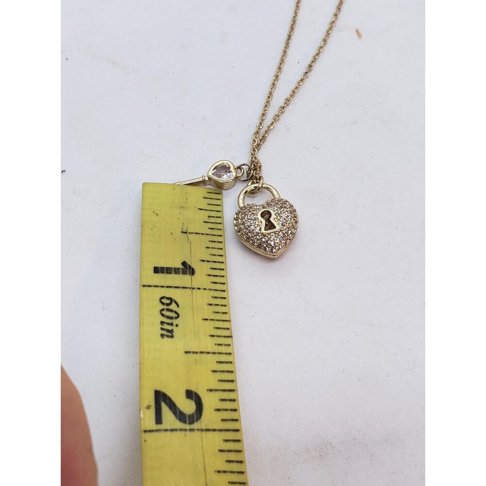 14k Gold Plated Heart Lock & Key Pendant Necklace Rhinestones Love Charm Gift - Picture 6 of 10